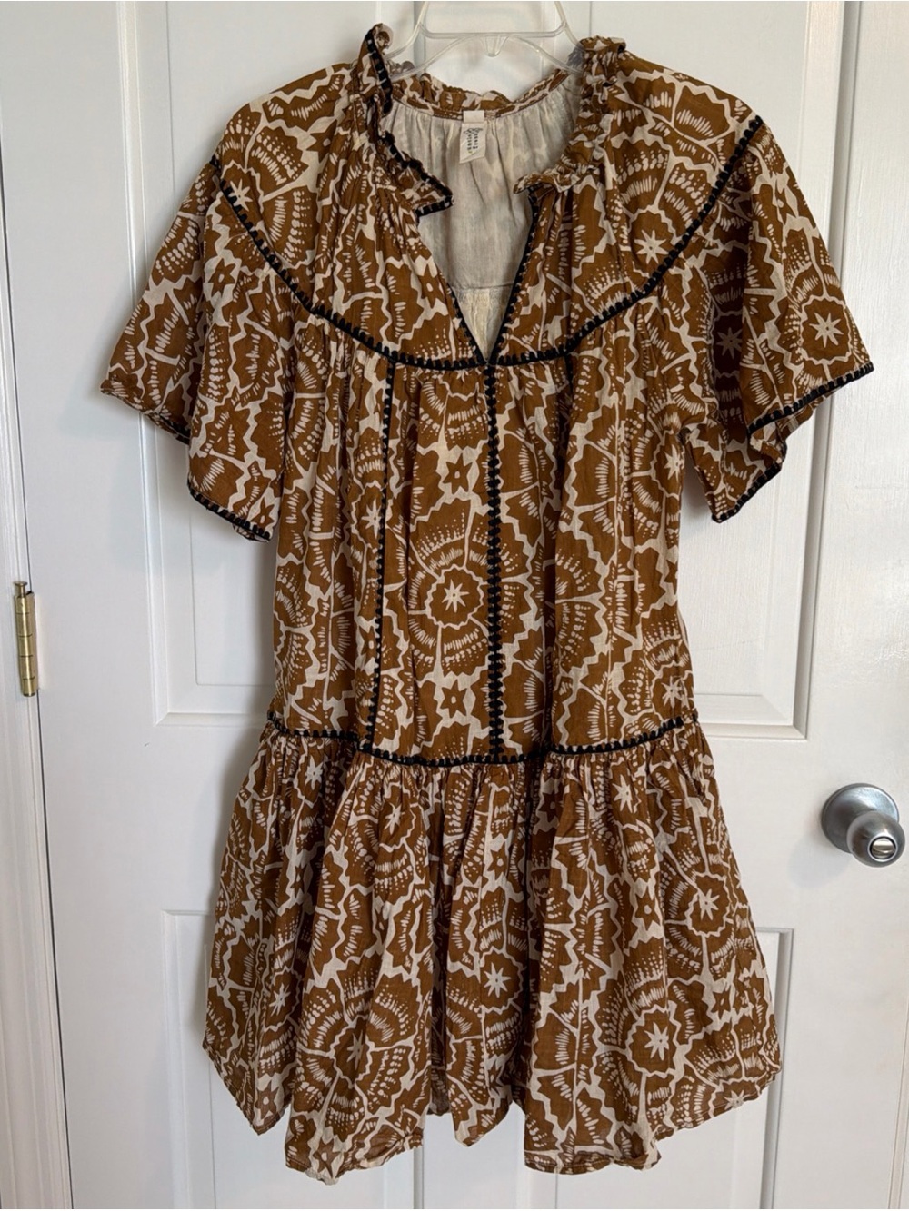 Uncle Frank Brown and White Printed Tiered Short-Sleeve Dress, Size S, pockets!